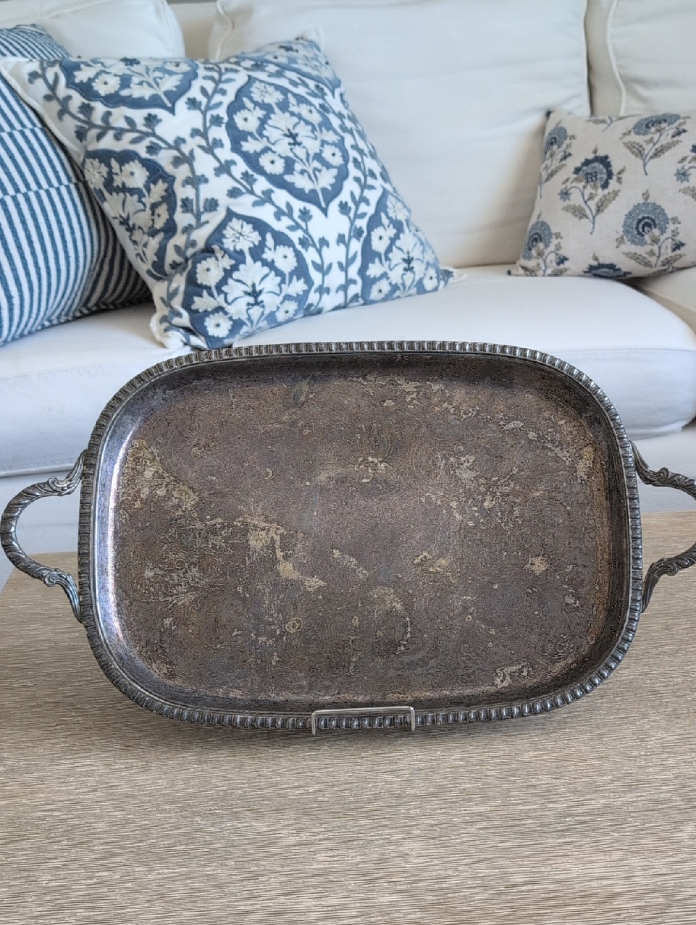 vintage Silver Plated Crescent Serving Tray with Ornate Handles 8216